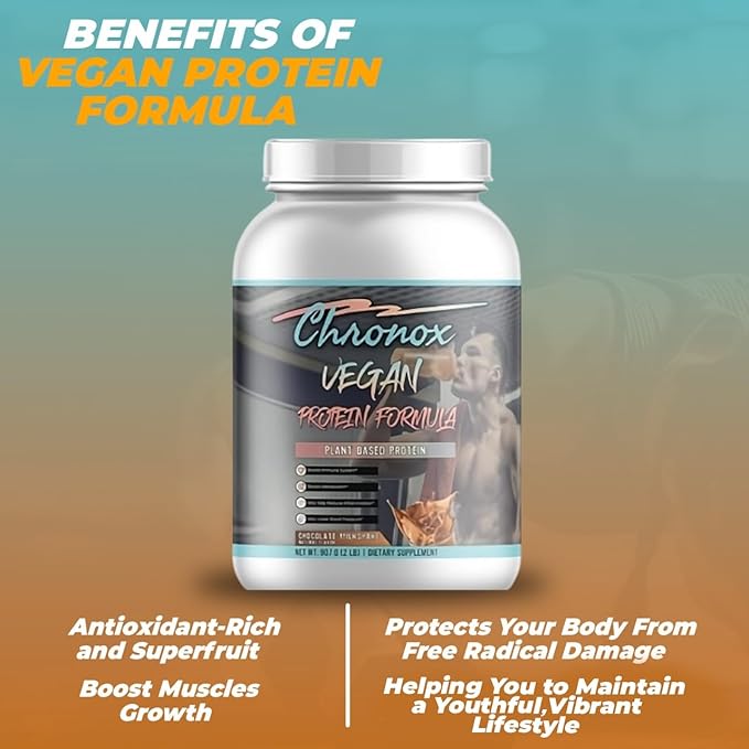 Chronox Vegan Protein Powder-Chocolate Flavor Plant-Based Protein Formula for Muscle Support &amp Recovery Smooth Mixing Pre &amp Post Workout Nutrition 2 LB