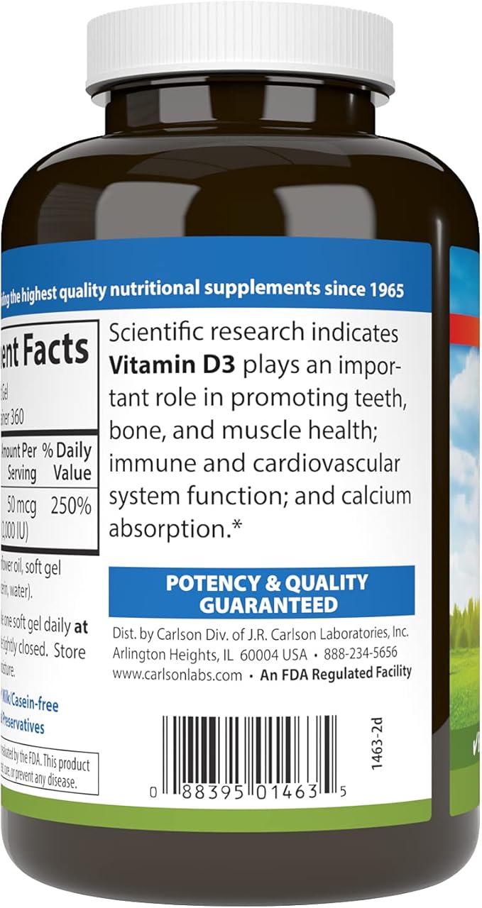 Carlson - Vitamin D3 2000 IU (50 mcg) Bone Health Muscle Health Cholecalciferol Vitamin D Supplements Vitamin D3 Soft Gels 360 Softgels