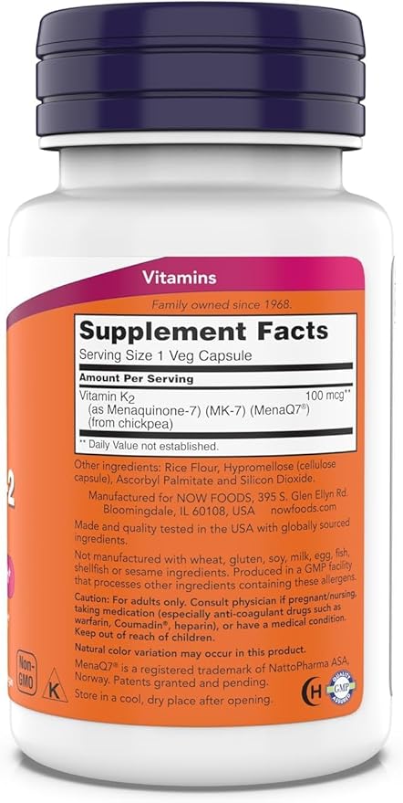 Now Supplements MK-7 Vitamin K-2 100 mcg Cardiovascular Support* Supports Bone Health* 180 Veg Capsules (Pack of 2)