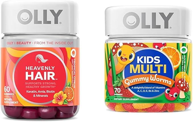 OLLY Hair Gummy 60ct &amp Kids Multivitamin Gummy Worms 70ct Supplement Bundles