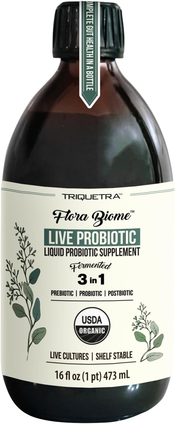 Flora Biome - Live Probiotic Prebiotic &amp Postbiotic – Organic Live-Culture – 10 Probiotic Strains 18 Fermented Herbs - Complete Gut Health &amp Microbiome Optimizer (16 oz)