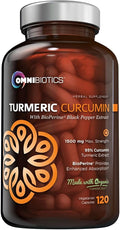 OmniBiotics Organic Turmeric Curcumin Supplement with Black Pepper Extract – 1500mg Turmeric with 95% Curcuminoids &amp BioPerine High Absorption for Joint Support – 120 Vegan Capsules