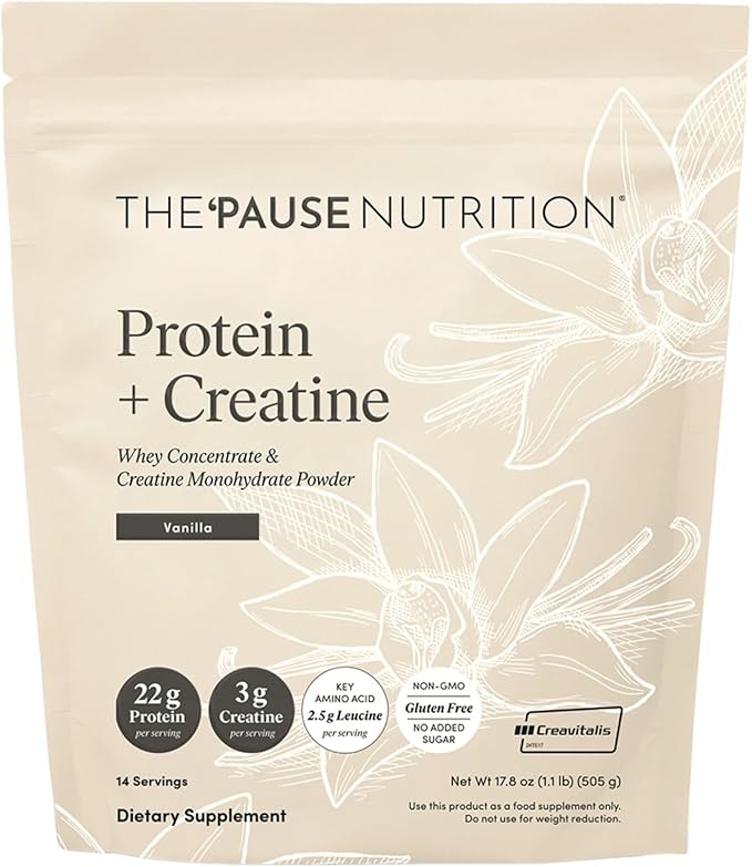 The 'Pause Life Protein + Creatine Made with Creavitalis Creatine Monohydrate Whey Protein &amp BCAAs for Men and Women Gluten Free Low Sugar Non GMO Vanilla Flavor 14 Servings 17.8 oz