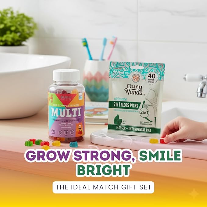 3X Suku Vitamins Kids Multivitamin Gummy 60 PC Bundle with Floss Picks Dental 40 PC – Daily Nutrient Support Gummies with Essential Vitamins and Convenient Oral Care – Gift Set (4 Items)