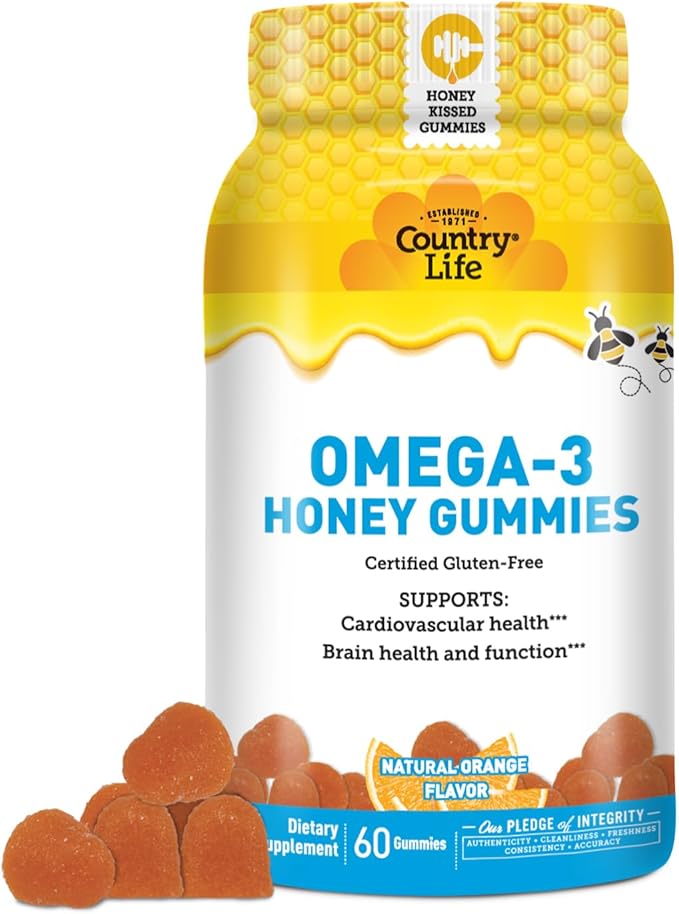 Country Life Omega-3 Honey Gummies – Cardiovascular &amp Brain Health Support – Non-GMO Certified Gluten Free – Naturally Sweetened – 60 Gummies