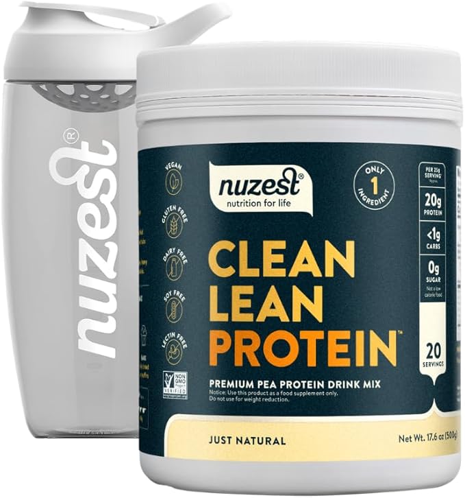 Nuzest Vegan Pea Protein Powder - Clean Lean Protein 20 Servings 20g Protein Unflavored Protein Shake Mix + Sports Shaker Bottle 24oz