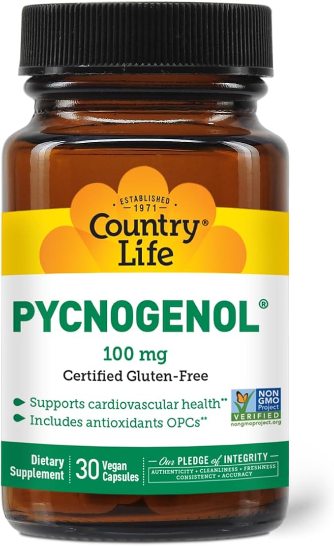Country Life Pycnogenol 100mg - French Maritime Pine Bark Extract Antioxidants Supplement - Supports Cardiovascular Health - No Yeast Corn Wheat Soy Milk Salt Preservatives - 30 Capsules