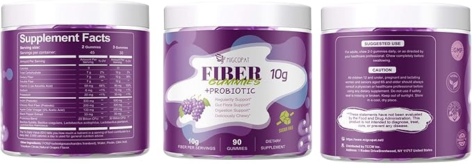 10G Fiber Gummies with 30 Billion CFU Probiotics Grape Flavor Bloating Support Fiber Supplement with Vitamin C ACV Inulin Sugar Free 180 Count