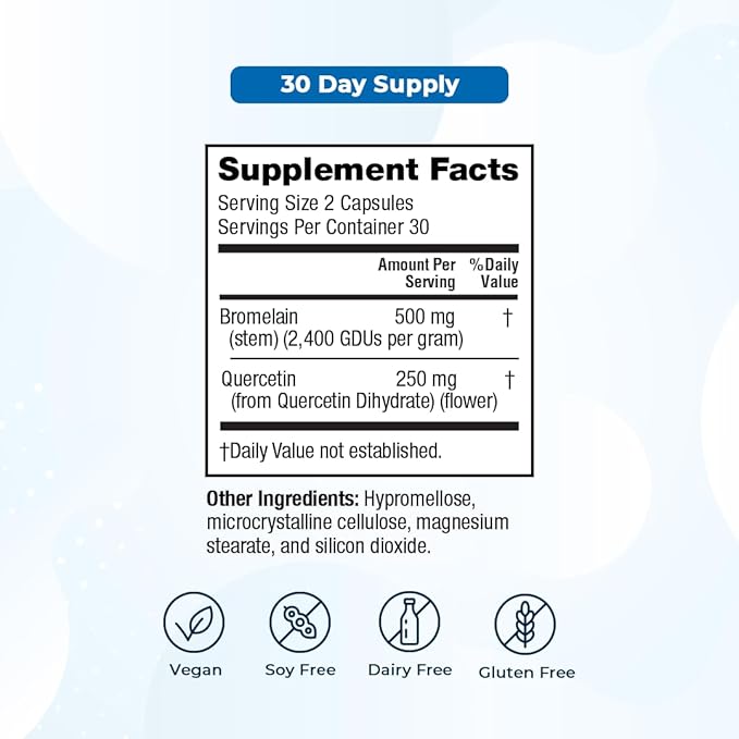 VitaMedica Bromelain &amp Quercetin Supplement - 500mg Bromelain 250mg Quercetin - 2400 GDU for Immunity Joint Support Inflammation and Muscle Recovery - 20 Vegan Capsules - 5 Day Supply