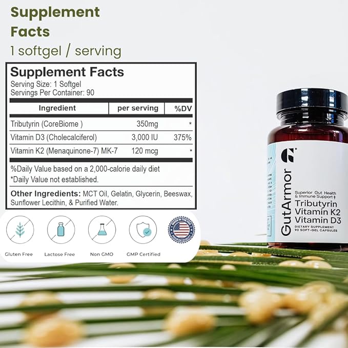GutArmor Gut &amp Heart Health + Immune Support | 3 Month Supply | 90 Soft Gel Capsules | Pure Butyrate 350mg &amp Vitamin D3 2000IUs &amp Vitamin K2 120mcg | Heart Health | Gastrointestinal Suppor