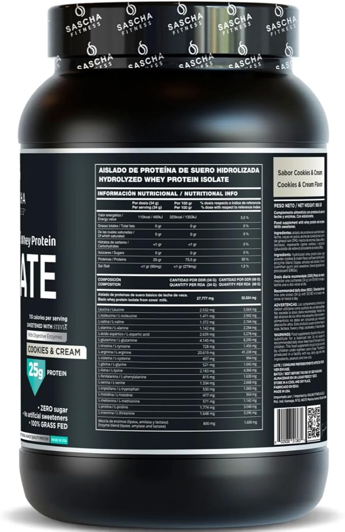 SASCHA FITNESS Hydrolyzed Whey Protein Isolate100% Grass-Fed (2 Pounds Cookies &amp Cream)