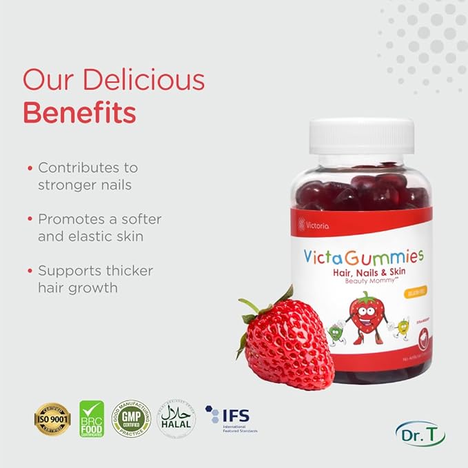 Dr. T Hair Nails &amp Skin Gummies for Women – with Biotin Vitamins E &amp C – Beauty Vitamin for Nail Strength Hair Thickness &amp Skin Elasticity – Strawberry Flavor 120 Count (2 Pack)