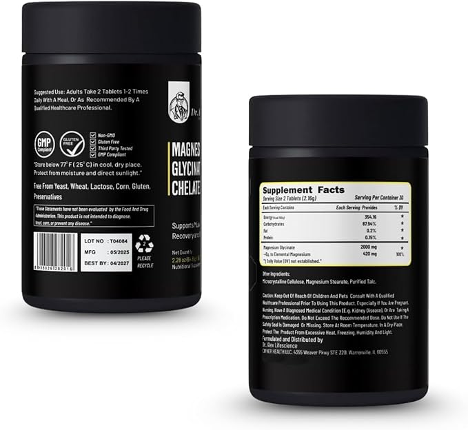 Dr. Alex Magnesium Glycinate Chelated 2000mg - High Absorption Magnesium Supplement for Sleep Muscle Recovery &amp Nerve Support | Pure Magnesium Glycinate Tablets for Women &amp Men | 60 Count