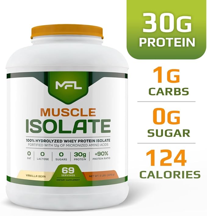 MFL 100% Isolate Protein l 30g of Protein l 12g Amino Acids l Keto Friendly l Low Carbs l 5 lbs. (Vanilla Bean)