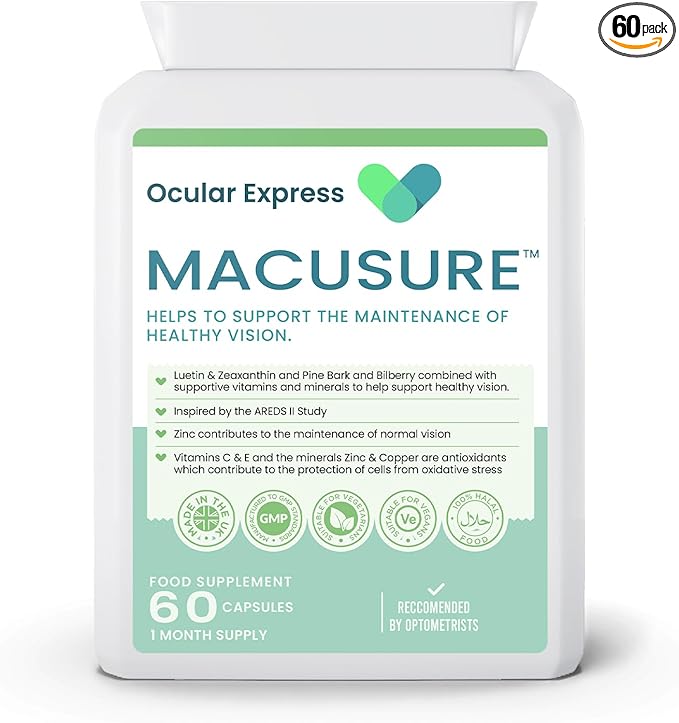 Macusure Vision Support Supplement 60 Capsules Lutein and Zeaxanthin with Bilberry and Pine Bark 1 Month Supply