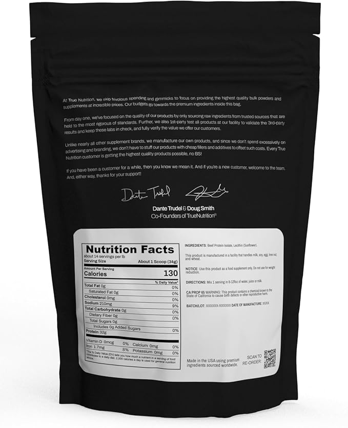 True Nutrition Grass Fed Beef Protein Isolate Powder - 31g Protein per Serving - Zero Carb Fat Free Dairy Free Non-GMO - Paleo Keto Carnivore - Unflavored/Unsweetened - 1lb