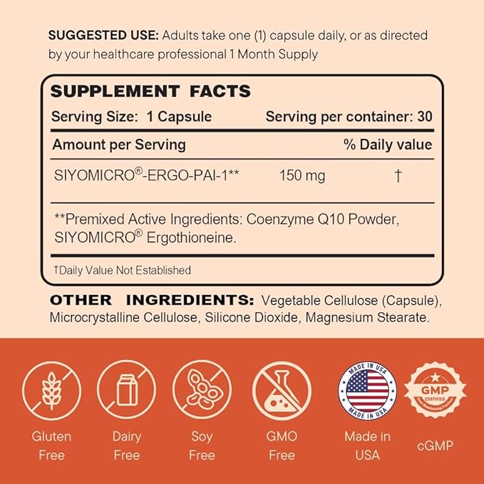 CoQ10 150mg Capsule with L-Ergothioneine - Enhanced Absorption Antioxidant for Heart Health &amp Energy Production Coenzyme Q10 Patented Dual-Soluble Formula 1 Month Supply Pack of 3 (3)