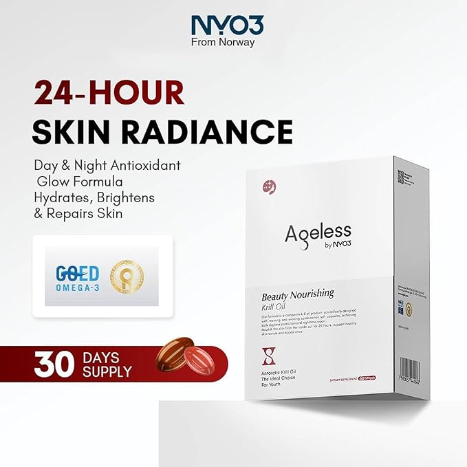 NYO3 Anti-Aging Supplement for Women w/PQQ Krill Oil Astaxanthin Evening Primrose Oil Vitamins C &amp E – Supports Skin Firmness Brightness &amp Texture – 30 Serving