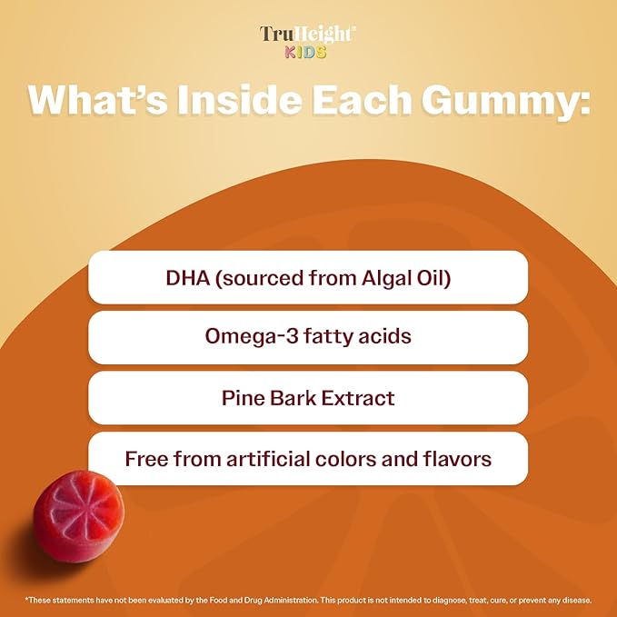 TruHeight Kids Brain Growth Gummies (Orange Ages 2+) All Natural Kids &amp Toddler Vitamins - Omega-3 DHA Multivitamin - Brain &amp Memory Supplements - Gluten Free Supplement Vitamin