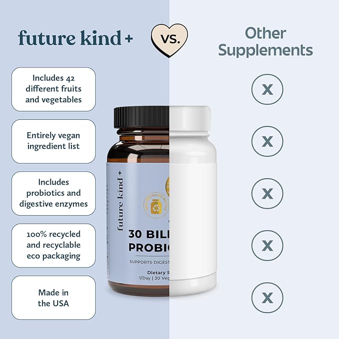 Future Kind Vegan Probiotics for Women and Men - 30 Billion CFUs Probiotics for Digestive Support (30 Adult Probiotic Capsules) No GMOs Daily Probiotic Supplements from 42 Fruits &amp Vegetables
