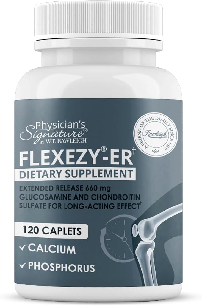 Rawleigh Flexezy-ER: 120 Caplets High Strength Glucosamine &amp Chondroitin Sulfate Blend Calcium &amp Phosphorous 24-Hour Extended Release Bone &amp Joint Health Supplement. Non-GMOGluten Fre