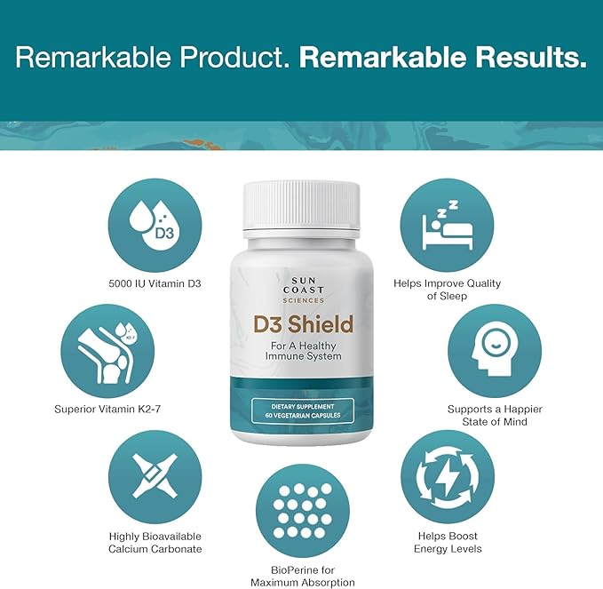 Sun Coast Science Sciences D3 Shield - Vitamin 5000 IU for Immune Support and Bone Health 60 Vegetarian Capsules K2 with 210mg Calcium Carbonate BioPerine Maximum Absorption