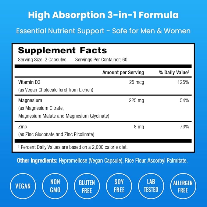 NutraChamps Magnesium Zinc &amp Vitamin D3 Supplement - Most Bioavailable Forms Magnesium Glycinate Malate Citrate - Bone Muscle &amp Heart Health Immune Support - 120 Vegan Capsules