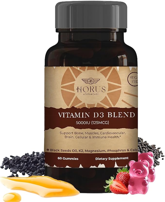 Vitamin D3 5000 IU Sugar Free Gummies with Black Seed Oil - Supports Bone Muscle Cardiovascular &amp Immune Health - Chewable Vitamin D - USA Made