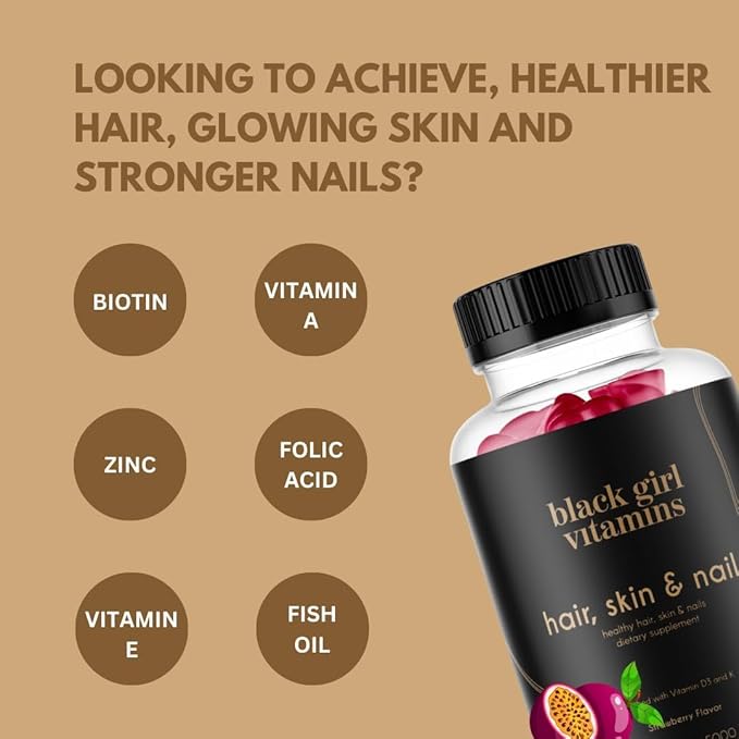 Black Girl Vitamins - Hair Skin and Nails Gummies with Biotin (6000 mcg) Zinc Gelatin Free Vitamin A and Vitamin E - Gluten-Free. Made in The USA (Passion Fruit 60 Count) 30 Day Supply