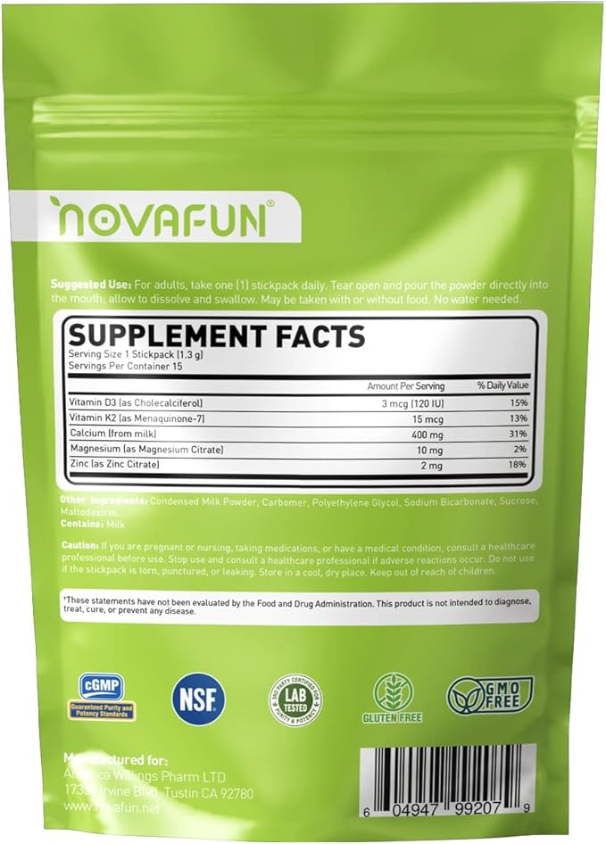 Milk Calcium Powder Supplement with Vitamin D3 &amp K2 MK7 – Hydrogel-Enhanced Absorption Melt-in-Mouth Powder for Bone Strength Gentle &amp Sugar-Free – 15 Stick Packs