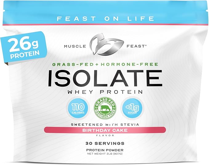 Muscle Feast Grass-Fed Whey Protein Isolate All Natural Hormone Free Pasture Raised Whey Isolate Protein Powder for Men and Women Clean Gluten-Free Delicious Isolate Protein - Birthday Cake 2lb