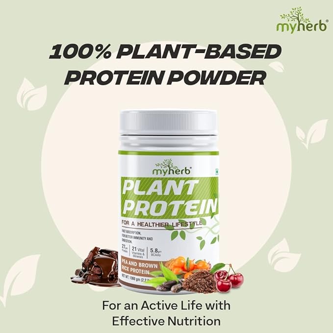 MYHERBS Plant Protein Powder | Pea and Brown Rice Protein Powder | Vegan High Protein Powder | 27 gm Protien21 Vital6 gm BCCAs | Sugar Free | for Men and Women | Chocolate Flavour (1 Kg)