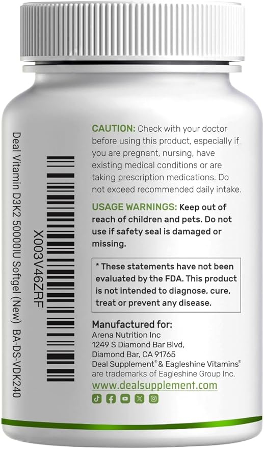 DEAL SUPPLEMENT Vitamin D3 50000 IU + K2 MK7 200mcg Softgels 240 Count | 2-in-1 Complex with Virgin Coconut Oil | Supports Heart Bone Teeth &amp Immune Health | Easy to Swallow