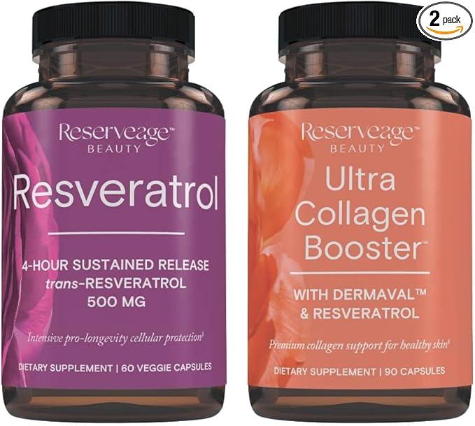Reserveage Resveratrol &amp Ultra Collagen Booster - Resveratrol &amp Collagen Capsules for Cell &amp Skin Support - Features Dermaval - 60 Resveratrol Capsules 90 Ultra Collagen Booster Capsules