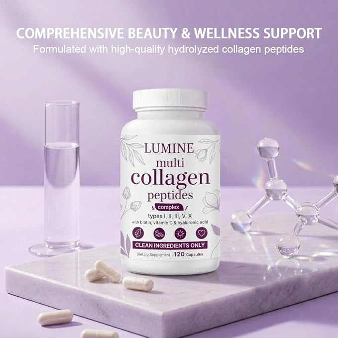 LUMINE Multi Collagen Complex Capsules – Hydrolyzed Protein Peptides Types I II III V &amp X for Hair Skin Nails &amp Joint Support – Non-GMO Gluten-Free &amp Easy to Swallow (120 Capsules)