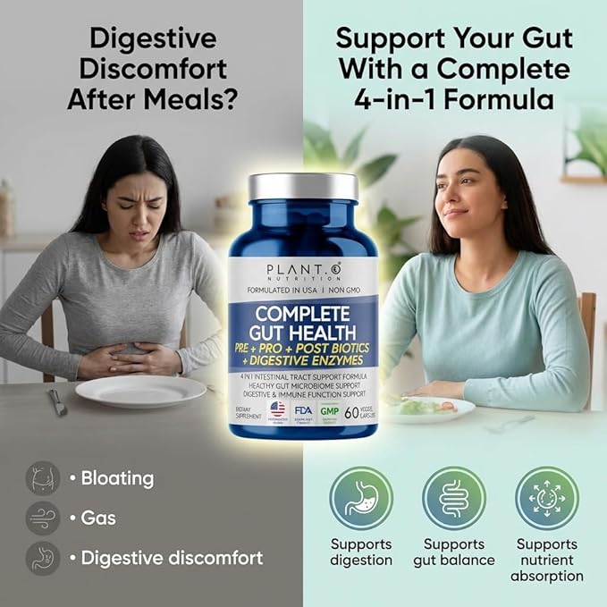 4-in-1 Gut Health Support – Prebiotics + Probiotics + Postbiotics + Digestive Enzymes – DE111 Spore Probiotic for Digestive Support &amp Bloating – Non-GMO Made in USA – 60 Veggie Capsules