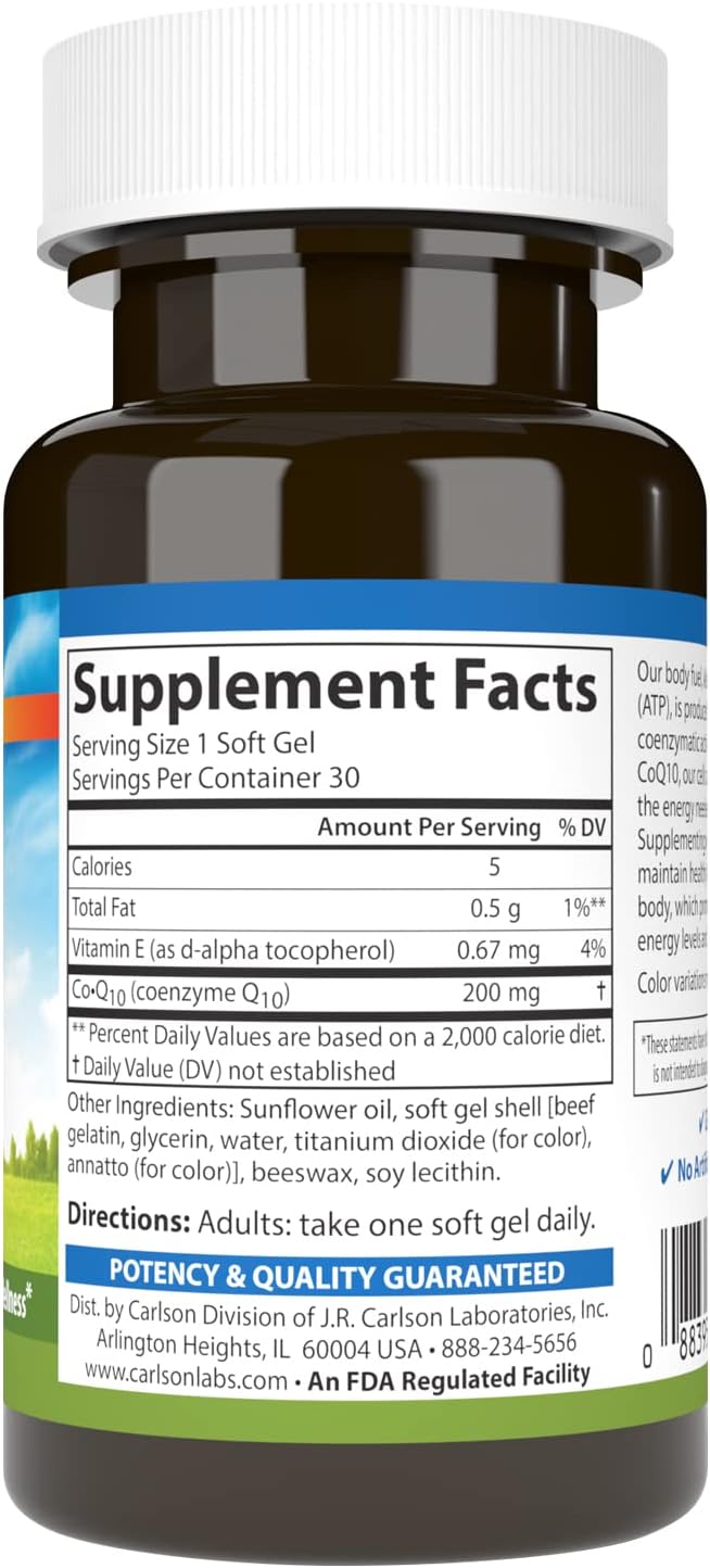 Carlson - Co-Q10 Co-Enzyme Q10 200 mg Energy Production &amp Heart Function 30 Softgels