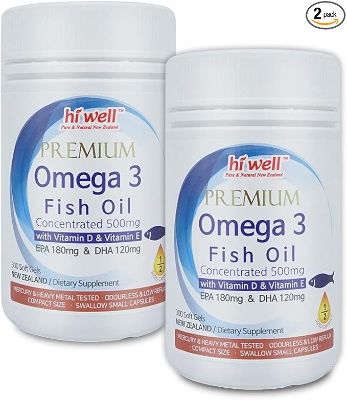 (Pack of 2) Hi Well Premium Omega 3 Fish Oil Concentrated 500mg 300 Softgels