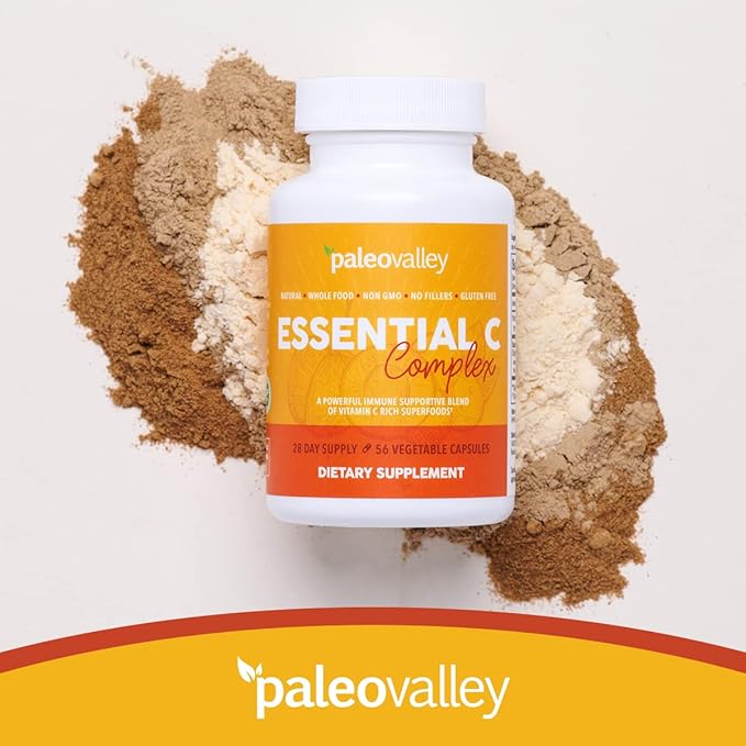 Paleovalley Essential C Complex - Vitamin C Supplement for Immune Support - 1 Pack 450mg - Organic Superfoods Unripe Acerola Cherry Camu Camu Amla Berry - No Synthetic Ascorbic Acid - USA Made