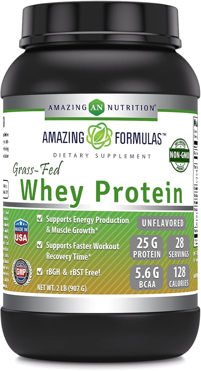 Amazing Formulas Grass-Fed Whey Protein Powder | 25 Grams Protein Supplement | Natural Sweetener and Flavor | Contains BCAA &amp EAA | Non-GMO | Made in USA (2 Lb Unflavored)