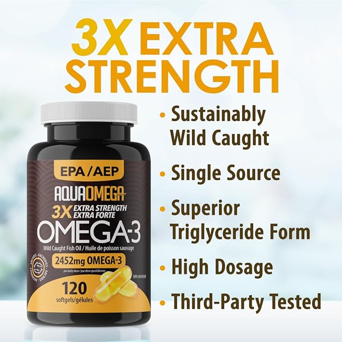 3X Extra Strength Omega 3 Fish Oil Supplements with High EPA and DHA Omega 3 Fatty Acids Fish Oil Supplement with Vitamin D and No Fishy Aftertaste 120 Softgels