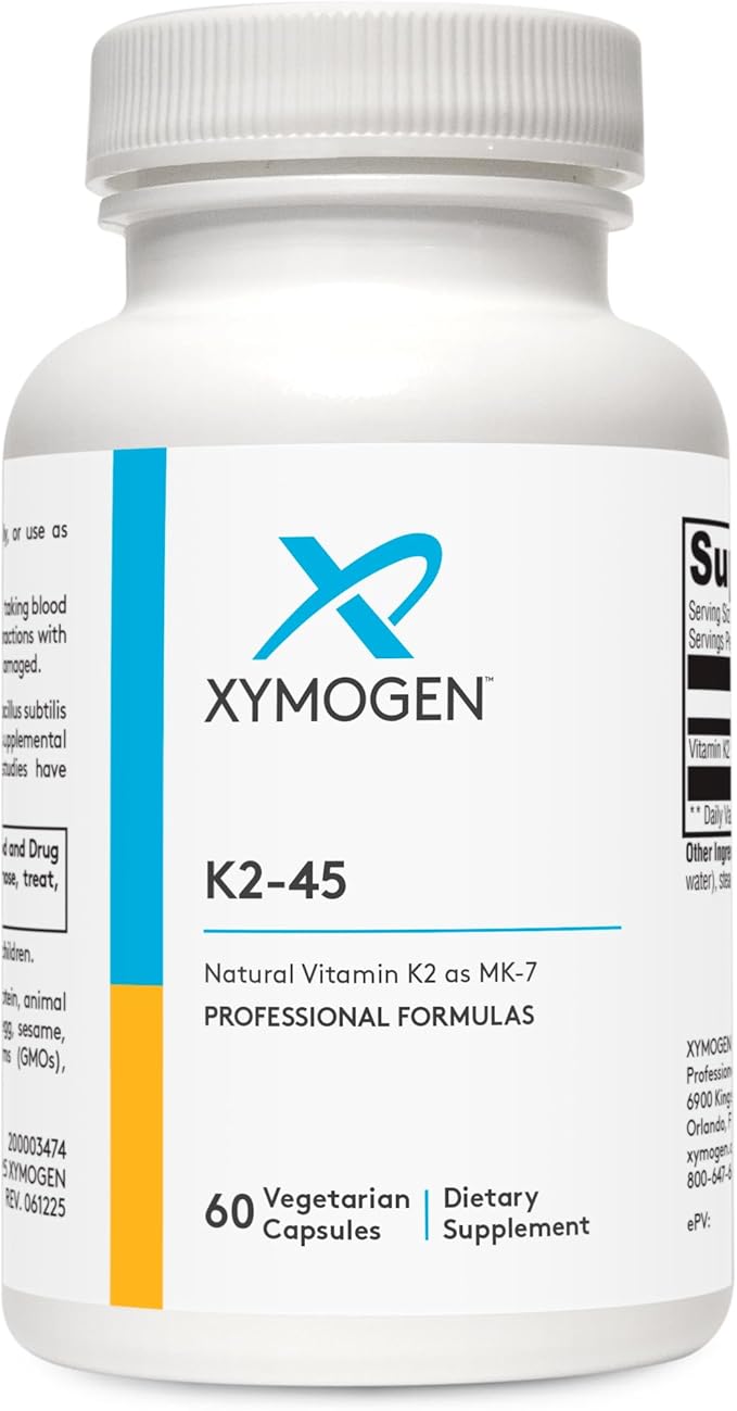 XYMOGEN K2-45 Vitamin K - Vitamin K2 MK-7 Derived from Non-GMO Soybeans - The Most Bioavailable Form of Vitamin K2 Supplement Available - Supports Cardiovascular + Bone Health (60 Capsules)