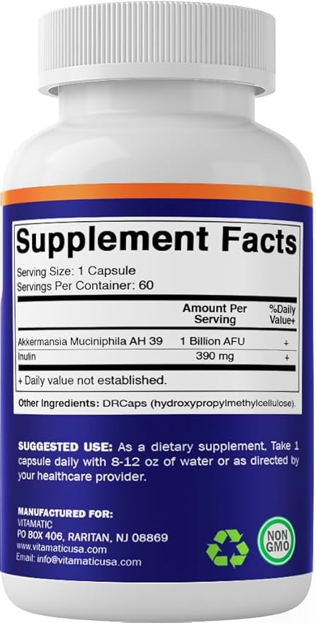 Vitamatic Akkermansia Muciniphila Gut Health - 60 DR Capsules (Delayed Released) - Made with Prebiotic Inulin Fiber - 2 Pack (120 DR Caps)