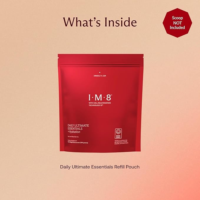 IM8 Daily Ultimate Essentials All-in-One Multivitamin Supplement Powder Bag 92 Nutrient Rich Ingredients CoQ10 Probiotics Vitamins Greens Gluten Free Vegan Acai Mixed Berry 12.5oz 30 Servings