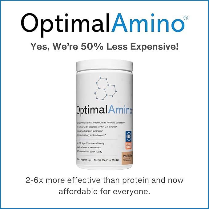 OptimalAmino Amino Acid Powder | 99% Utilized Essential Amino Acid (EAA) Supplement | Pre/Post Workout &amp Muscle Recovery | NSF for Sport Certified | Iced Coffee Flavor
