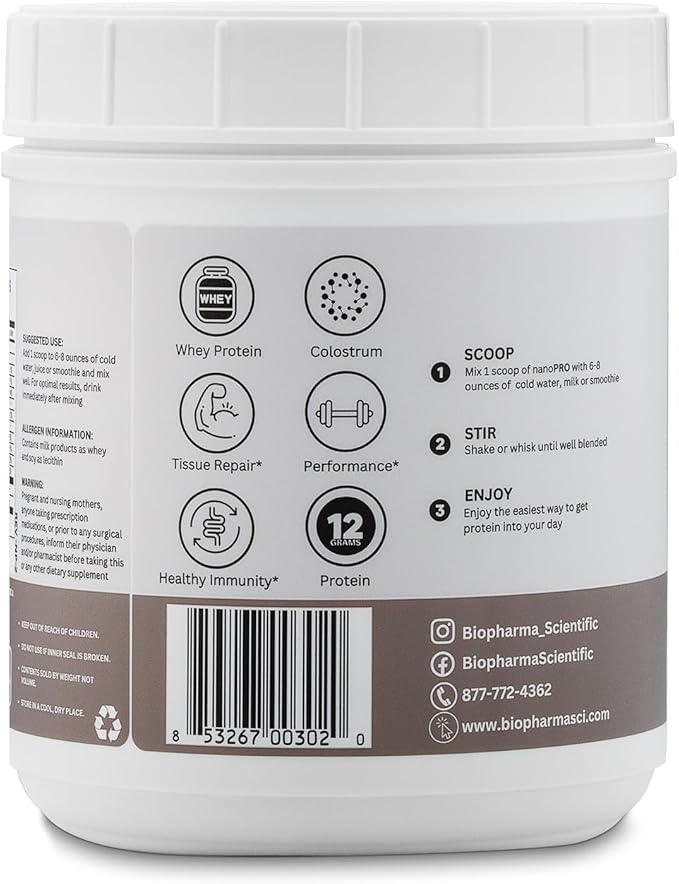 Biopharma Scientific Nanopro Immune: Whey Protein Powder for Immune Support &amp Exercise Recovery with Colostrum Glutathione Proline Rich Polypeptides Vanilla Bean Flavor 30 Servings