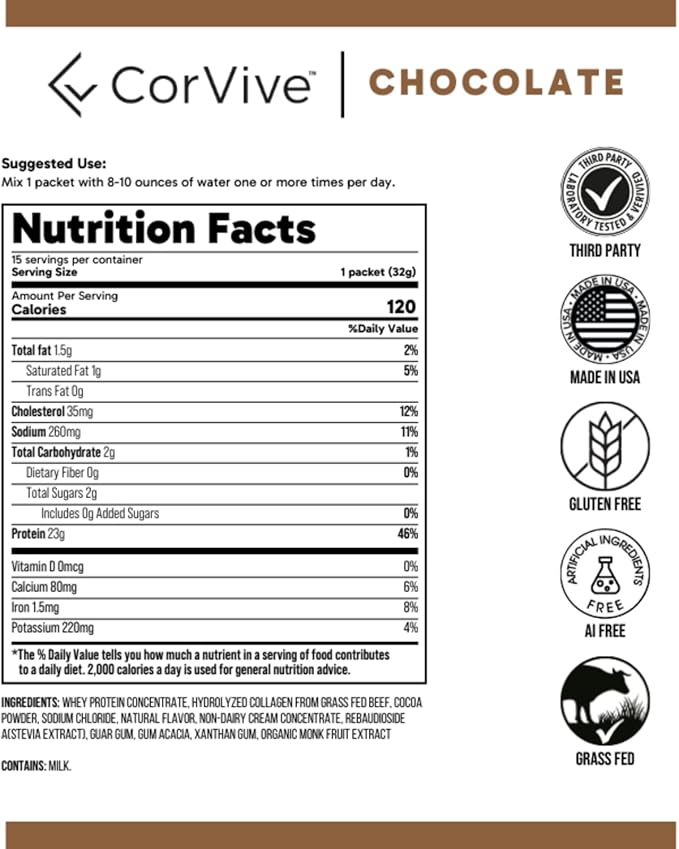Protein + Collagen Powder | 23g Protein (Grass-Fed Whey + Collagen) | 3.7g BCAAs | Supports Muscle &amp Joint Health | Gluten &amp Soy Free | No Artificial Ingredients | 15 Sachets - Chocolate