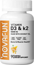 Vitamin D3 5000 IU &amp K2 MK7 250mcg - 90 Softgels in Coconut Oil | High Absorption D3 K2 Supplement | Supports Bone &amp Heart Health | Non-GMO Gluten Free