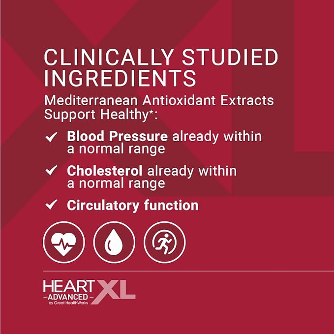 OmegaXL HeartXL Advanced - Heart Health Supplement - Three clinically Studied Mediterranean antioxidant extracts - Supports Blood Pressure Cholesterol and Circulatory Health (60 Capsules)