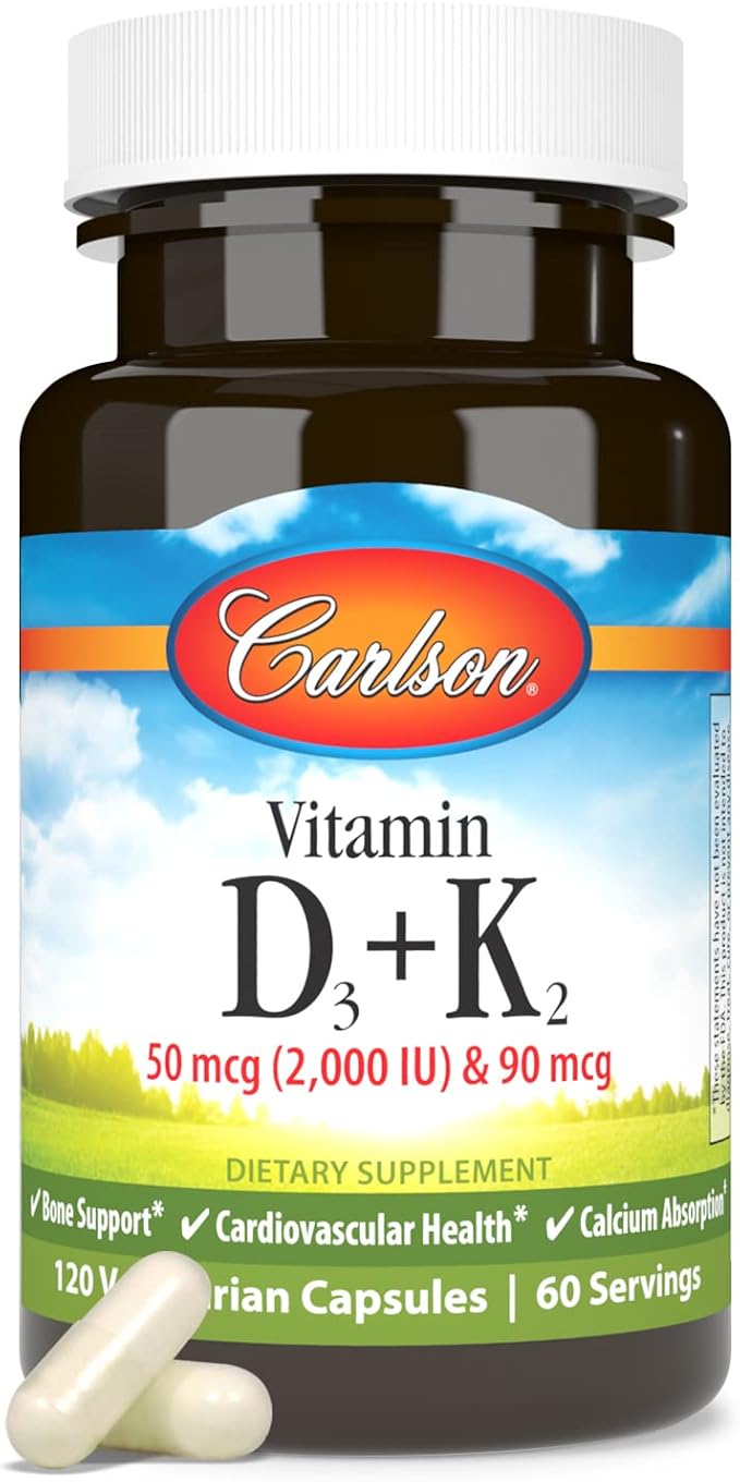 Carlson - Vitamin D3 + K2 50 mcg (2000 IU) Vitamin D3 &amp 90 mcg Vitamin K2 as MK7 Bone Support Calcium Absorption 120 Capsules